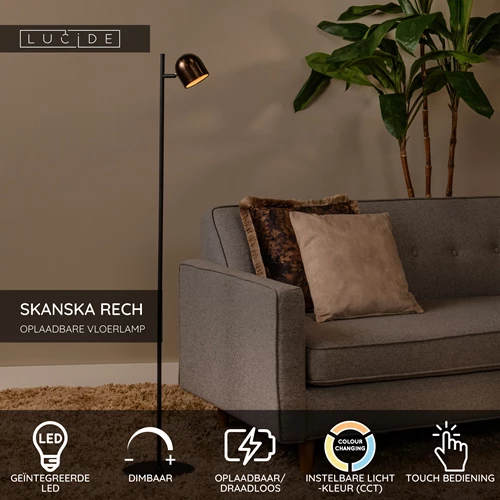 Lucide SKANSKA RECH - Oplaadbare Vloerlamp Binnen/Buiten - Accu/Batterij - Ø 23 cm - LED Dimb. - CCT - 1x3W 3000K/6000K - IP44 - Koffie - USP